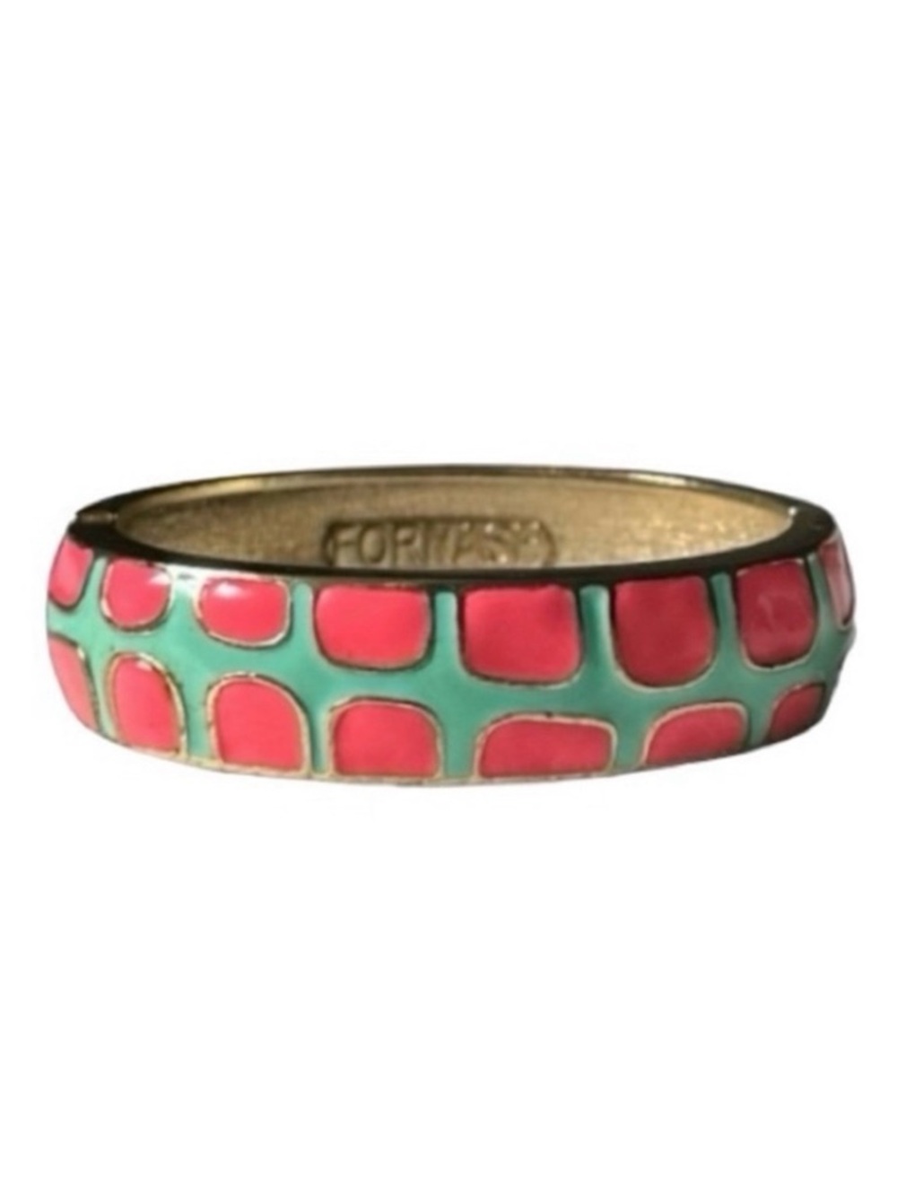 Fornash Coral Pink and Aqua Green Gecko Enamel Hinged Bangle Bracelet